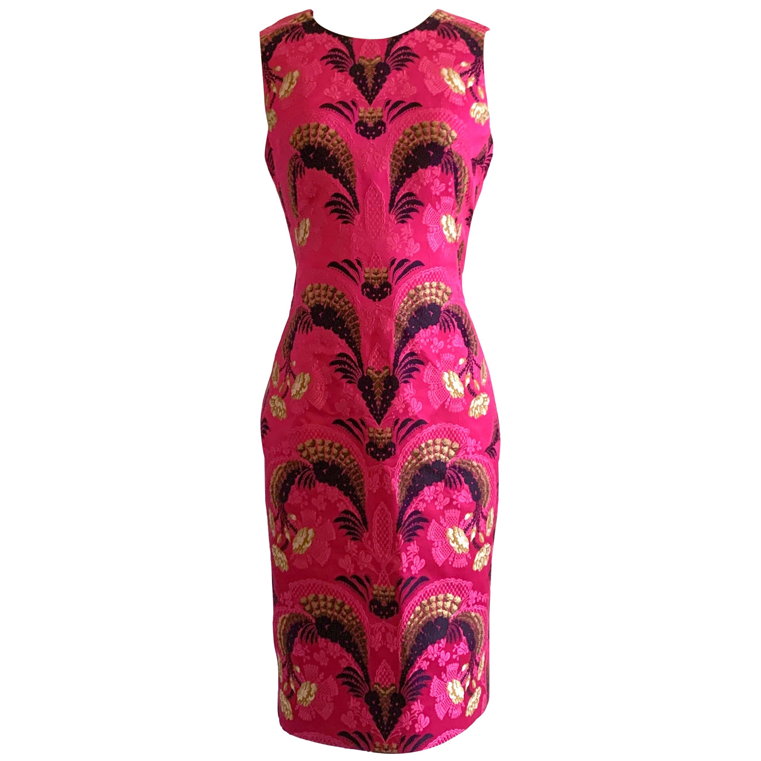 Alexander Mcqueen Brocade Dress in Magenta Pink, Black and Gold Floral Print