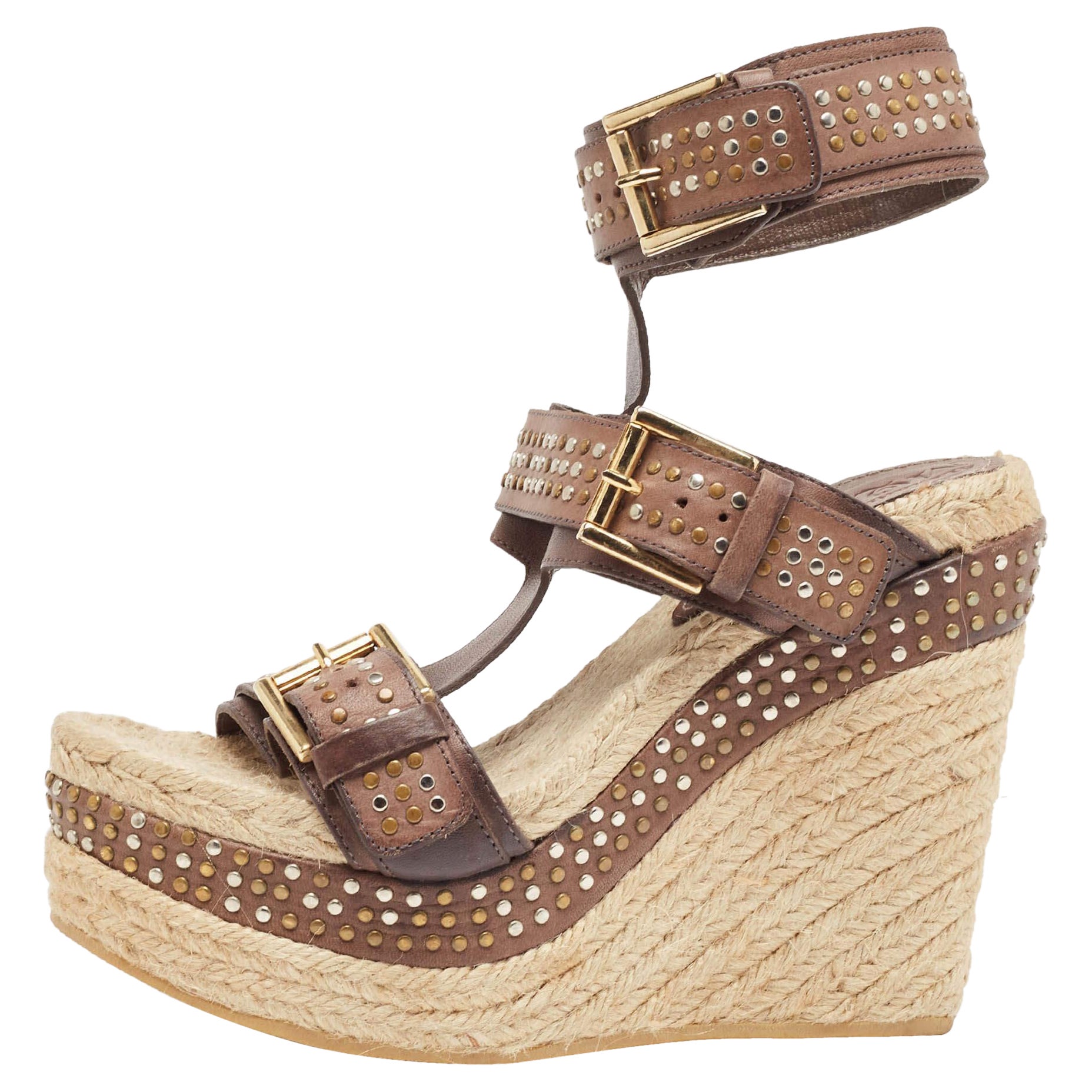 Alexander McQueen Brown/Beige Jute and Leather Wedge Ankle Strap Sandals Size 37