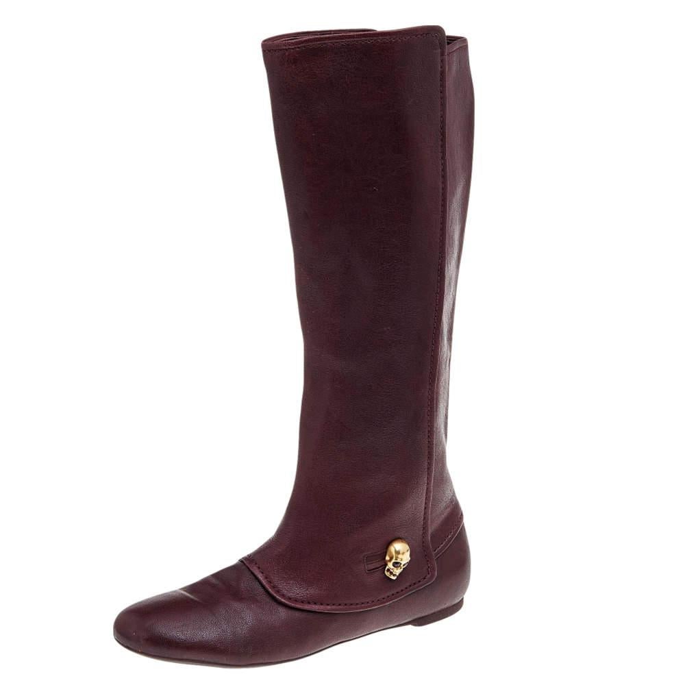 Alexander McQueen Brown Leather Knee Length Boots Size 40 In Good Condition In Dubai, Al Qouz 2