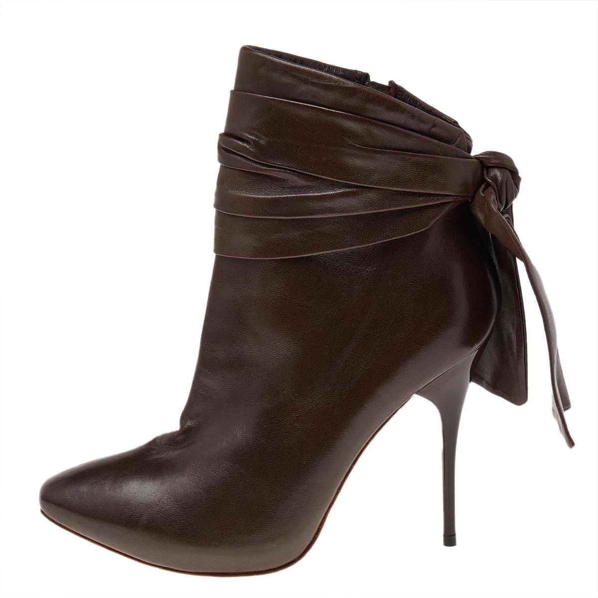 Alexander McQueen Brown Leather Knotted Ankle Boots Size 38 2