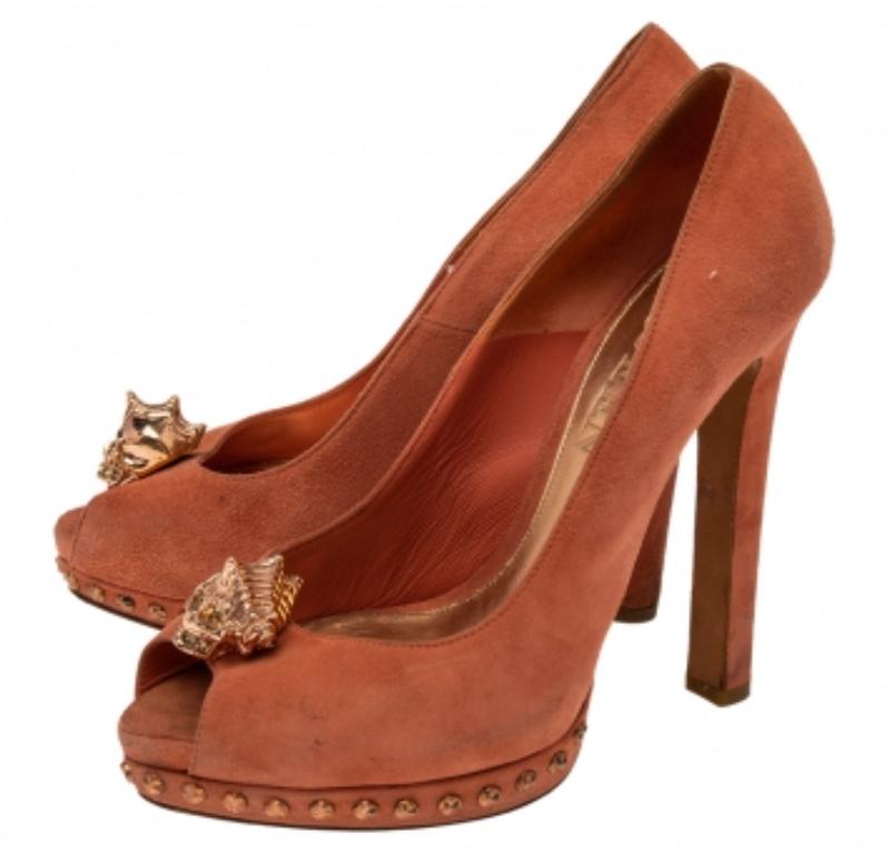 Alexander McQueen Brown Suede Skull Embellished Peep Toe Pumps Size 38 2