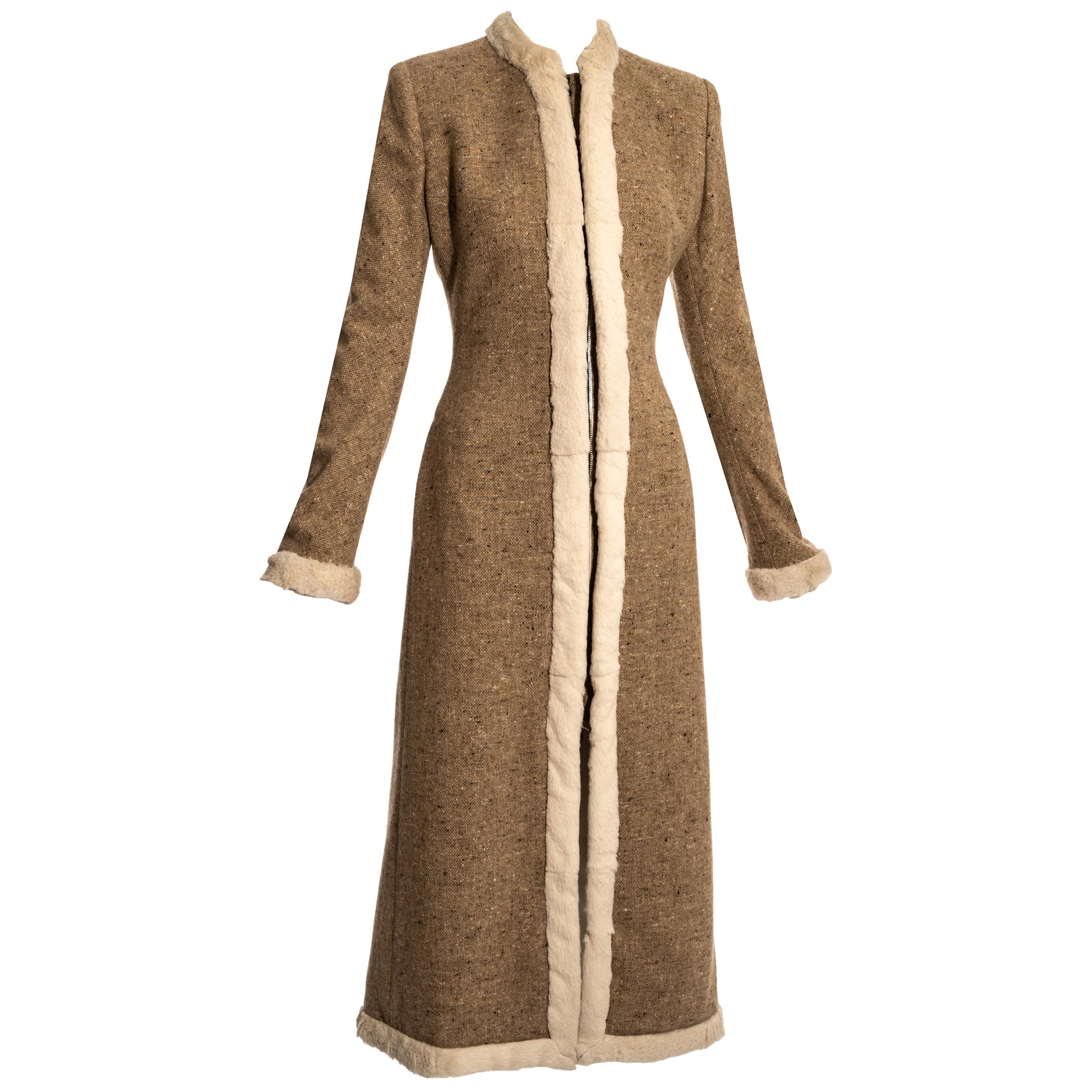Alexander McQueen brown tweed coat with fur trim, pw 2003 For Sale
