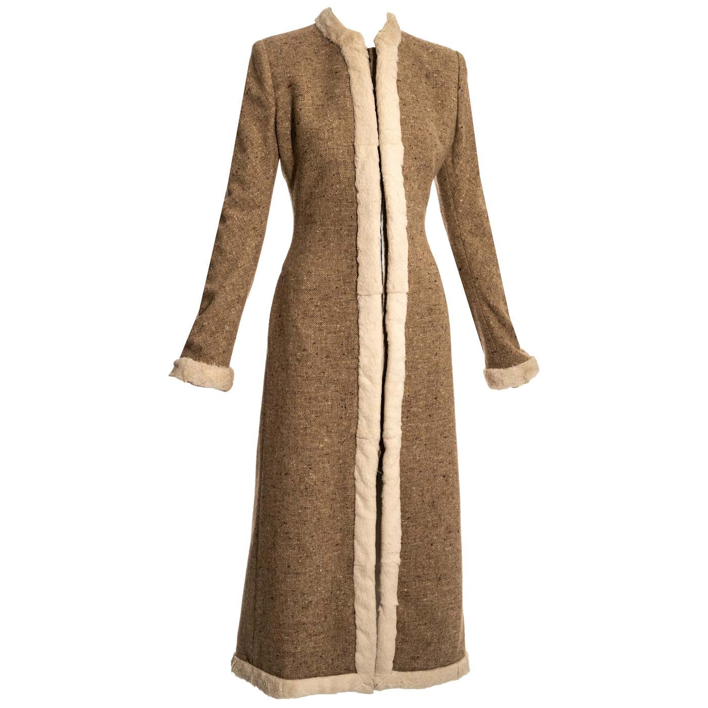 Alexander McQueen brown tweed coat with fur trim, pw 2003 For Sale at ...