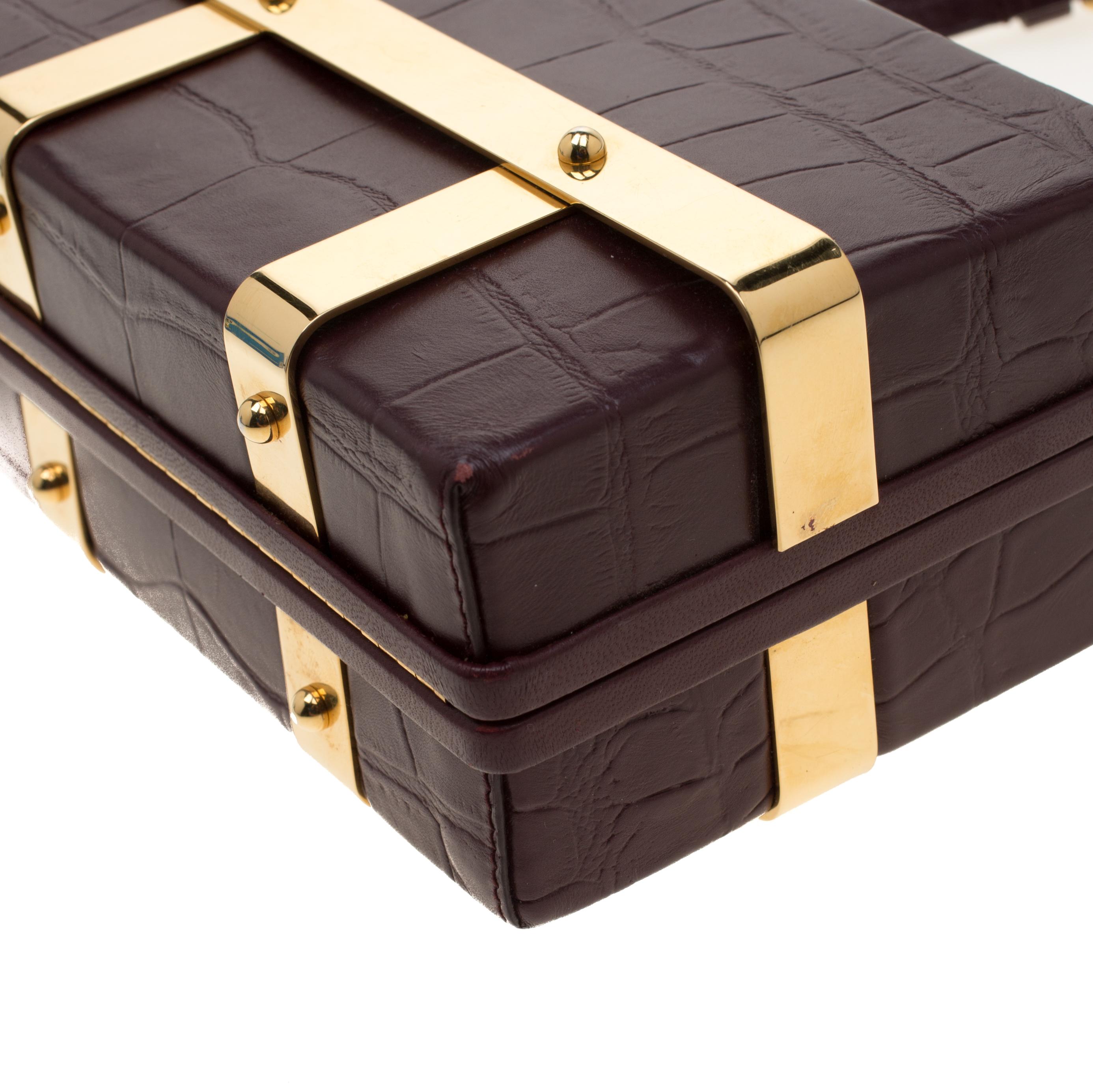 Alexander McQueen Burgundy Croc Embossed Leather Cage Box Bag 5