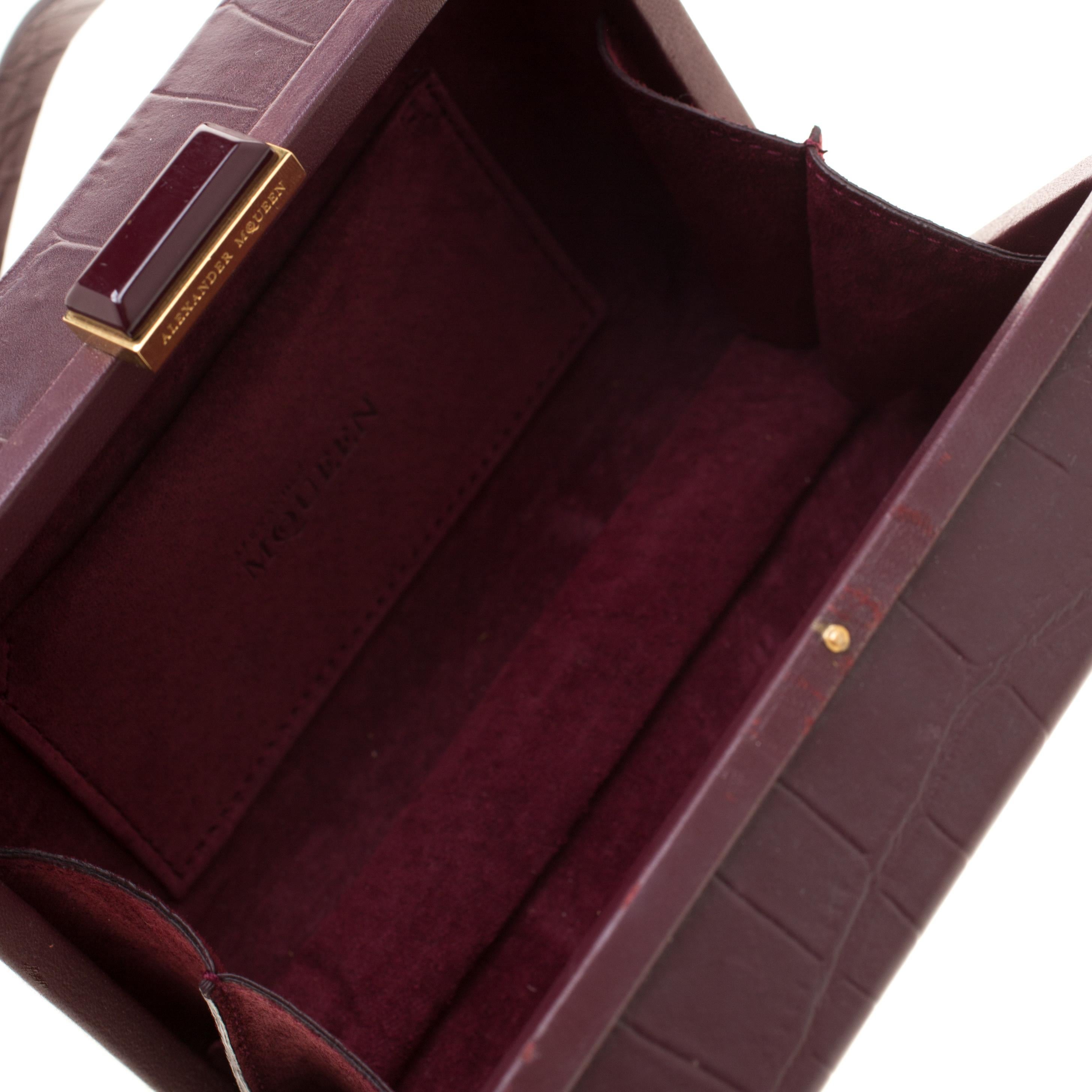 Women's Alexander McQueen Burgundy Croc Embossed Leather Cage Box Bag