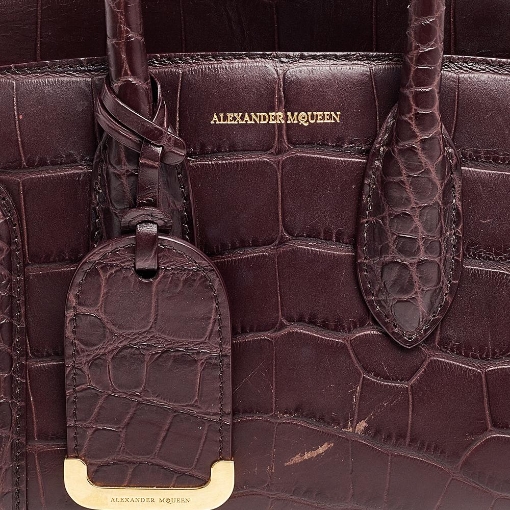 Alexander McQueen Burgundy Croc Embossed Leather Heroine 21 Satchel In Good Condition In Dubai, Al Qouz 2