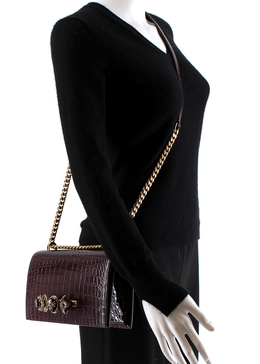 Alexander McQueen Burgundy Crocodile Embossed Crystal Knuckle Bag 3