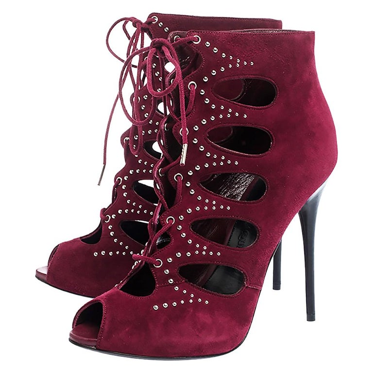 Alexander McQueen Burgundy Cutout Suede Studded Lace Up Booties Size 38 ...