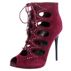 Alexander McQueen Burgundy Cutout Suede Studded Lace Up Booties Size 38