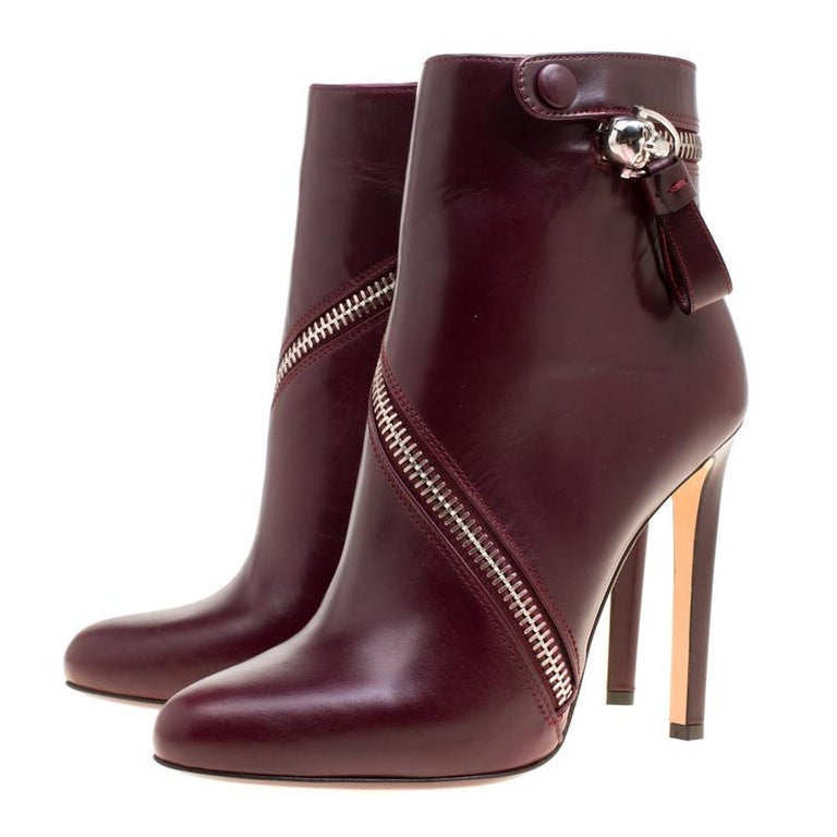 Alexander McQueen Burgundy Leather Spiral Zip Detail Ankle Boots Size ...