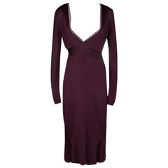 Alexander McQueen Burgundy Rib Knit Dotted Trim Long Sleeve Dress L