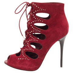 Alexander McQueen Burgundy Suede Cut Out Embellished Lace Up Ankle Booties Size 