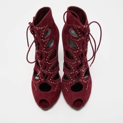 Alexander McQueen Burgundy Suede Cut Out Lace Up Ankle Booties Size 37.5