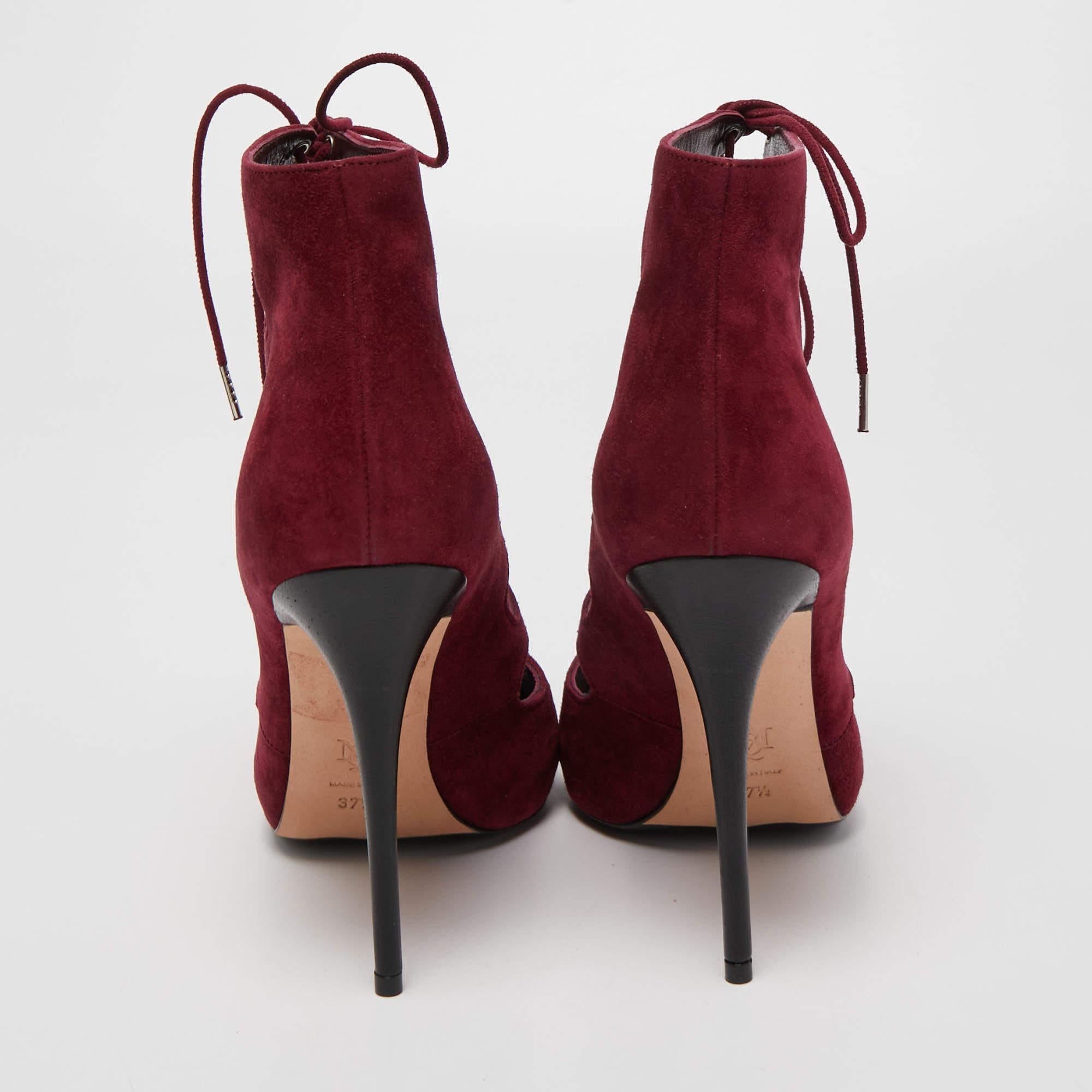 Alexander McQueen Burgundy Suede Cut Out Lace Up Ankle Booties Size 37.5 4