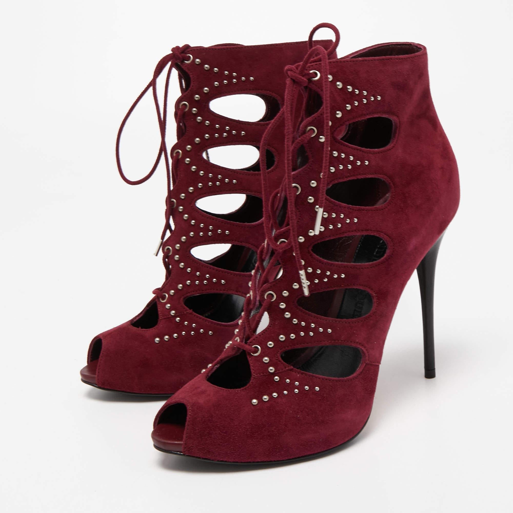 Alexander McQueen Burgundy Suede Cut Out Lace Up Ankle Booties Size 37.5 5