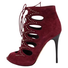 Alexander McQueen Burgundy Suede Cut Out Lace Up Ankle Booties Size 37.5