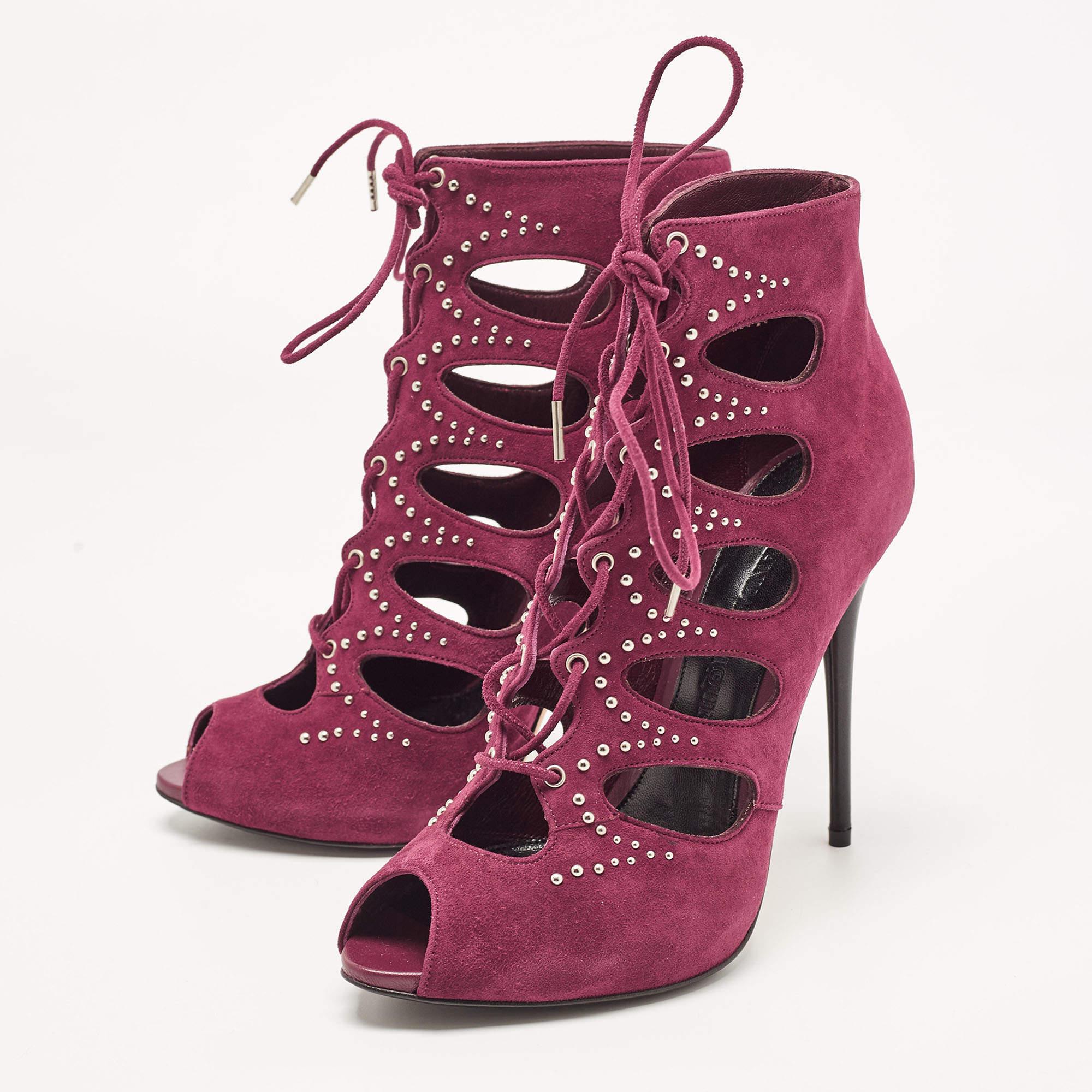 Alexander McQueen Burgundy Suede Cut Out Studded Booties Size 37 1