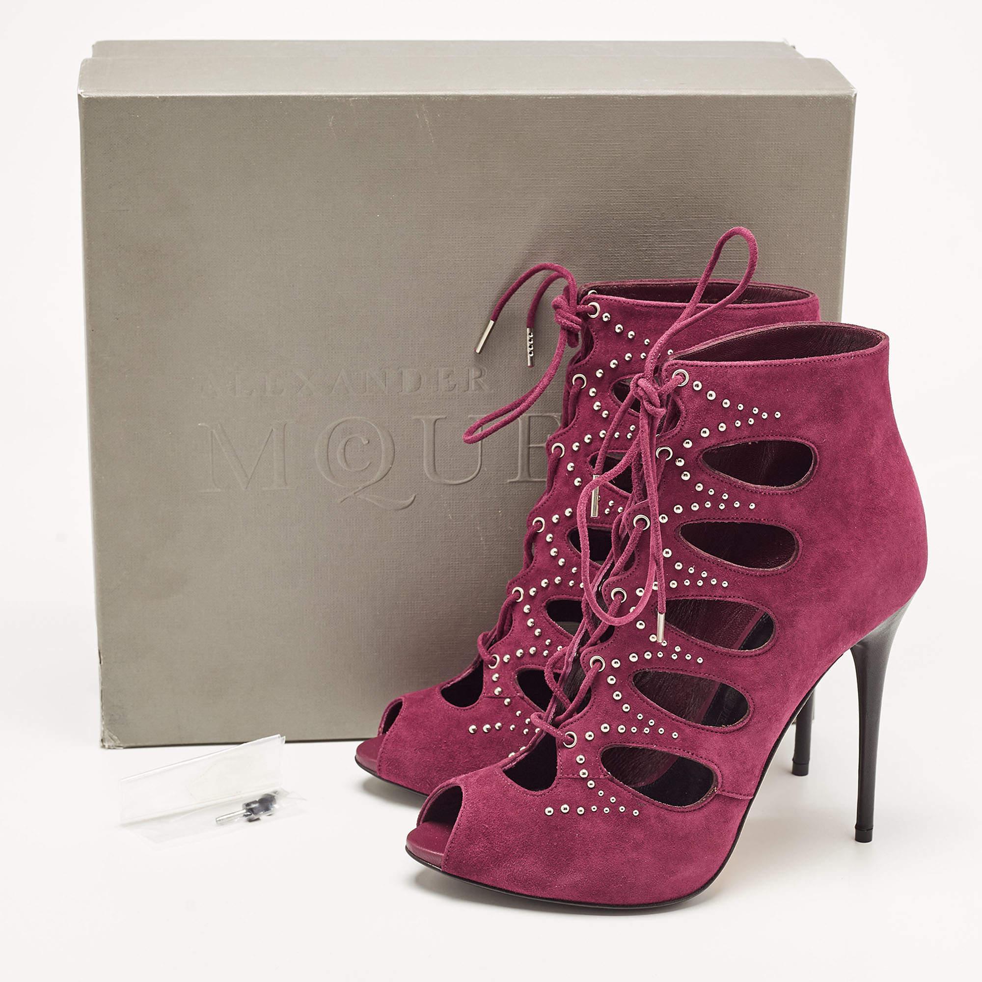 Alexander McQueen Burgundy Suede Cut Out Studded Booties Size 37 5
