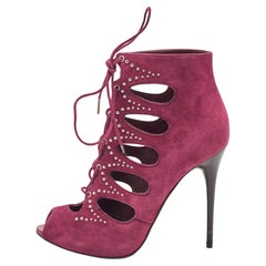 Alexander McQueen Burgundy Suede Cut Out Studded Booties Size 37