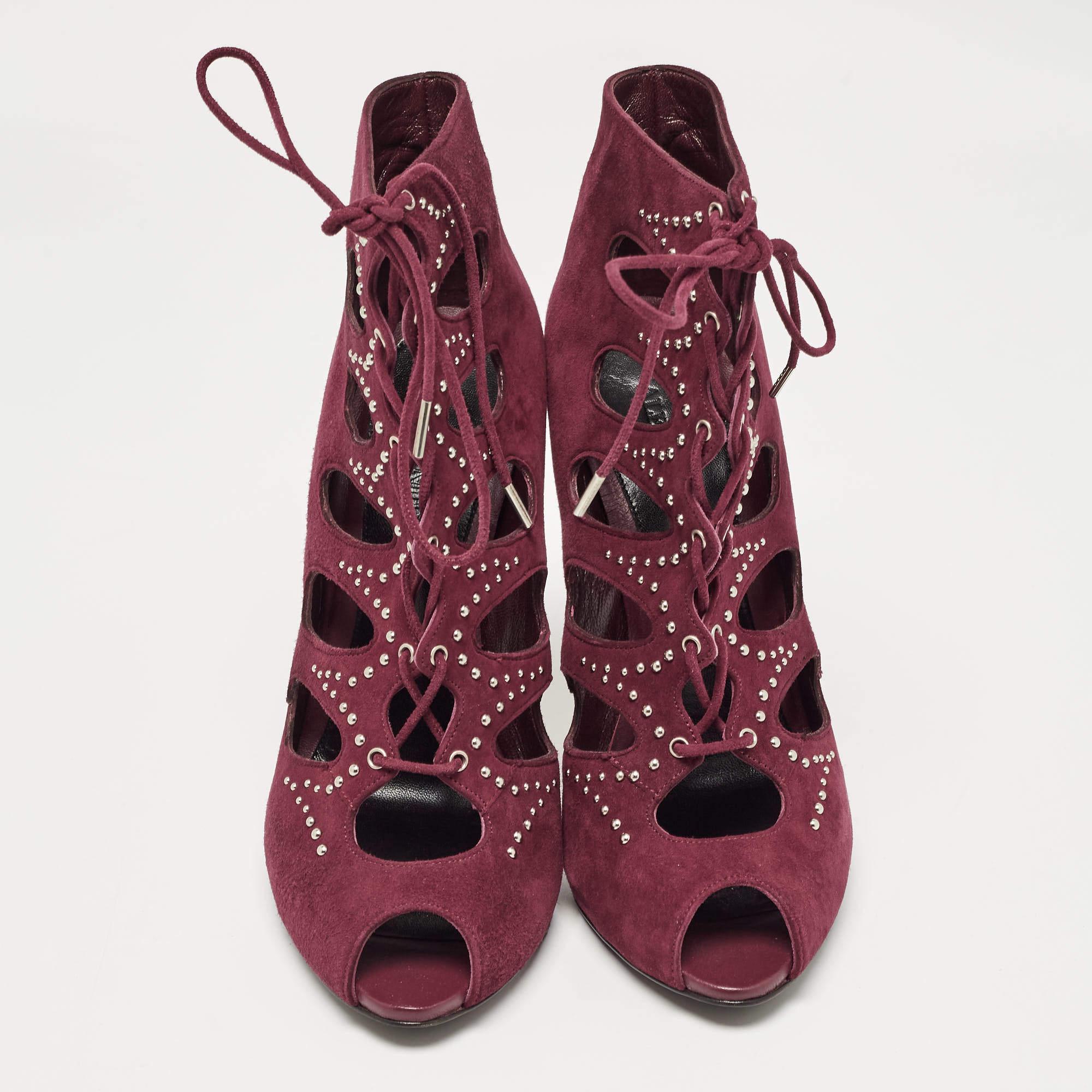 Black Alexander McQueen Burgundy Suede Cut Out Studded Sandals Size 38 For Sale