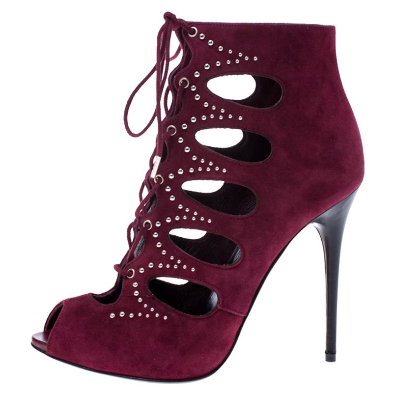 Black Alexander McQueen Burgundy Suede Silver Studded Lace Up Booties Size 37