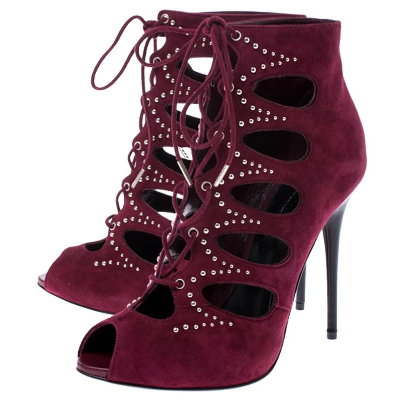 Women's Alexander McQueen Burgundy Suede Silver Studded Lace Up Booties Size 37