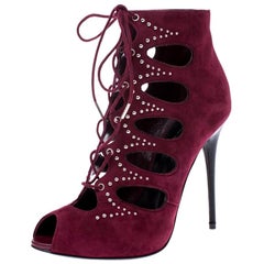 Alexander McQueen Burgundy Suede Silver Studded Lace Up Booties Size 37