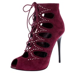 Alexander McQueen Burgundy Suede Silver Studded Lace Up Booties Size 37