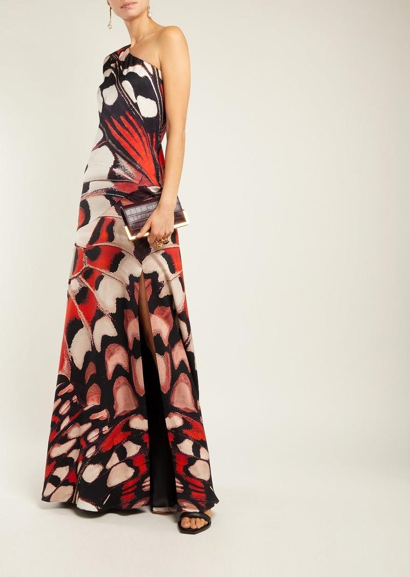 Alexander McQueen Butterfly-print one-shoulder silk-satin gown
The graphic red and pink butterfly print on Alexander McQueen's silk-satin gown is a recurring theme throughout the label's AW18 collection – a motif developed as a symbol of