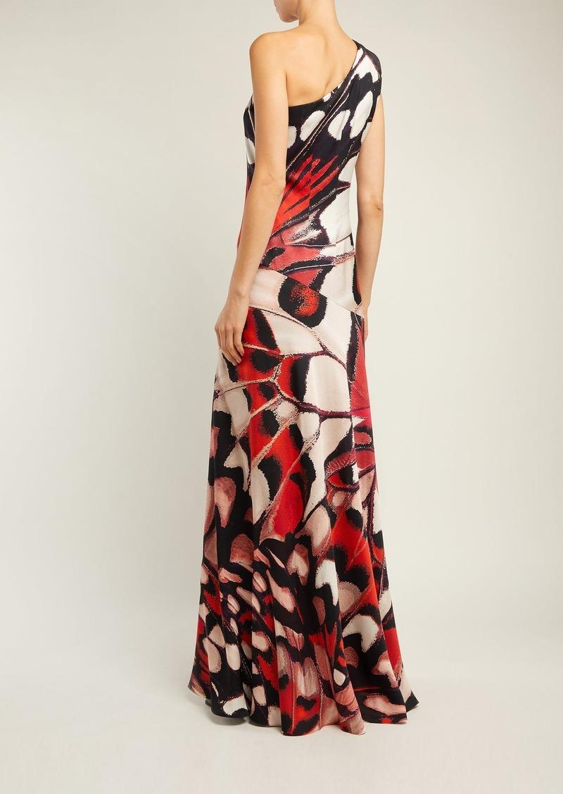 Alexander McQueen Butterfly-print one-shoulder silk-satin gown NWT In New Condition In Montgomery, TX
