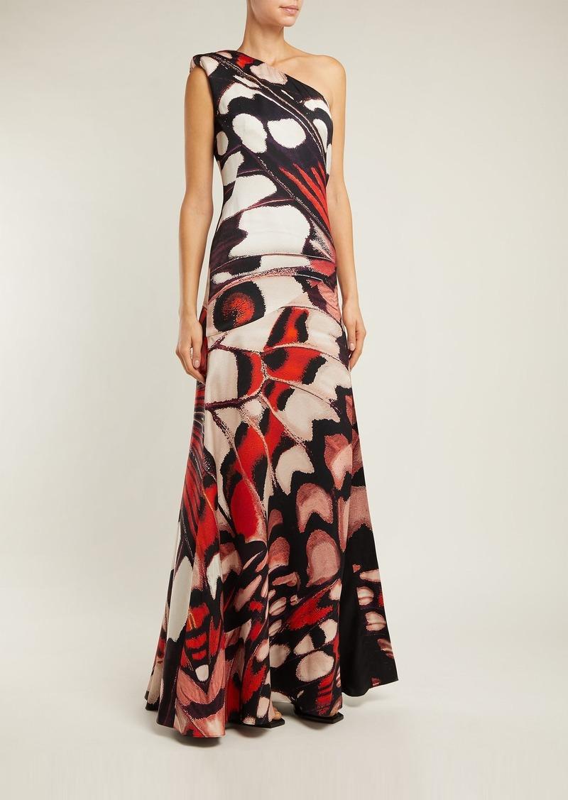 Women's Alexander McQueen Butterfly-print one-shoulder silk-satin gown NWT