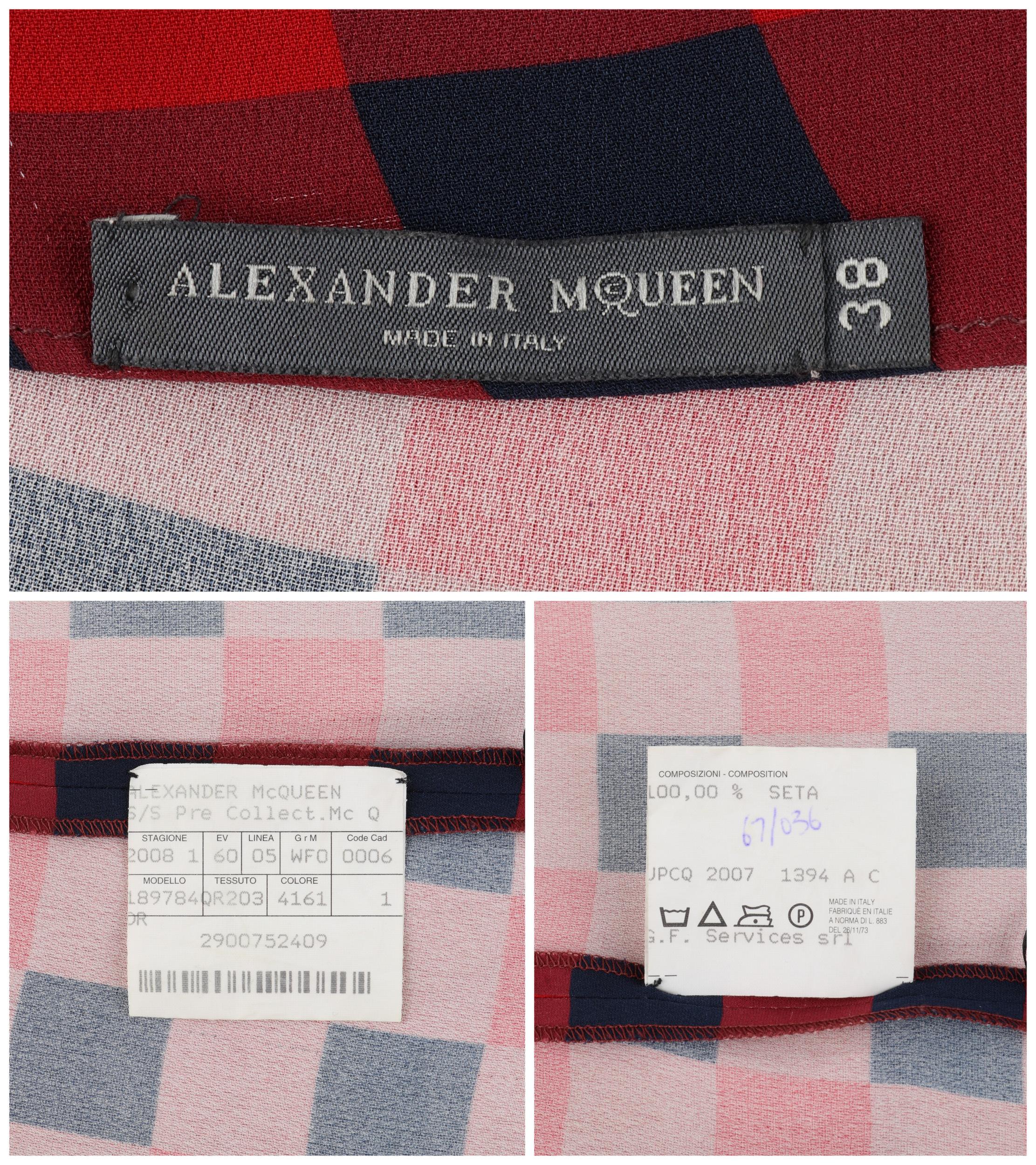 ALEXANDER McQUEEN c. 2007 Red / Navy Check Ribbon Band Silk Drop Waist Dress In Good Condition In Thiensville, WI