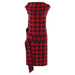 ALEXANDER McQUEEN c. 2007 Red / Navy Check Ribbon Band Silk Drop Waist Dress