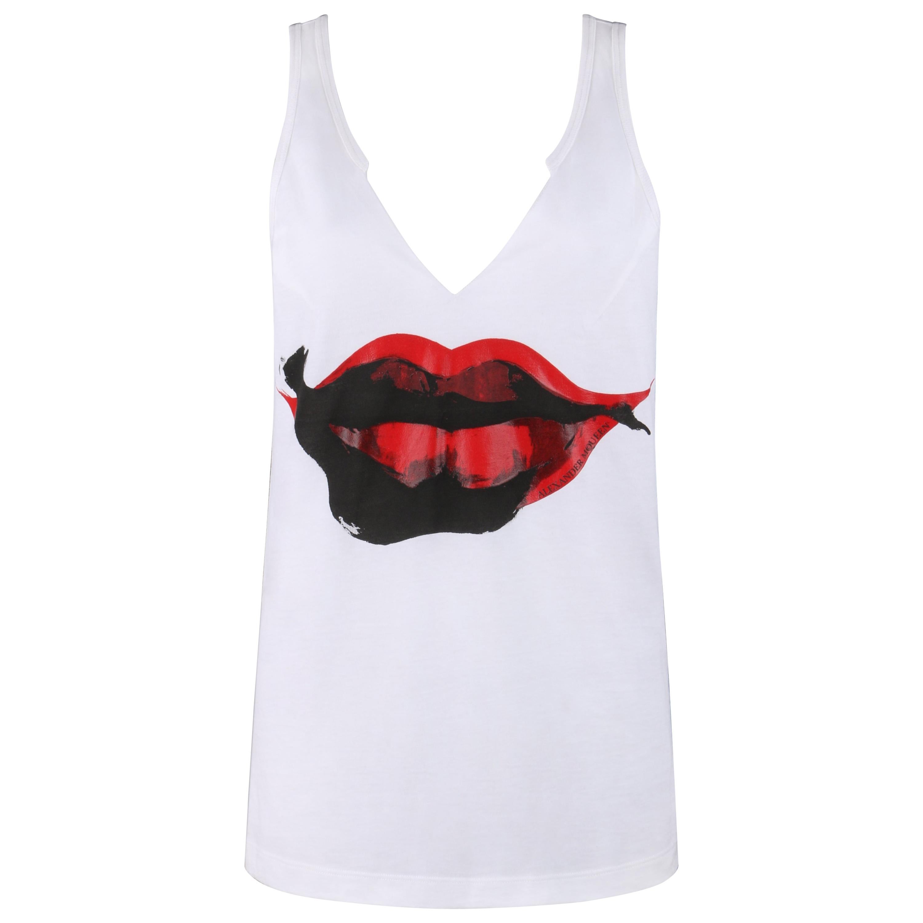 ALEXANDER McQUEEN c. 2009 White Silkscreen Lips Cotton V-Neck Tank Top 