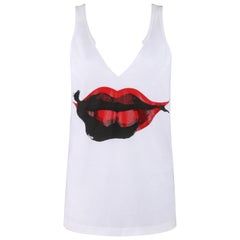 ALEXANDER McQUEEN c. 2009 White Silkscreen Lips Cotton V-Neck Tank Top
