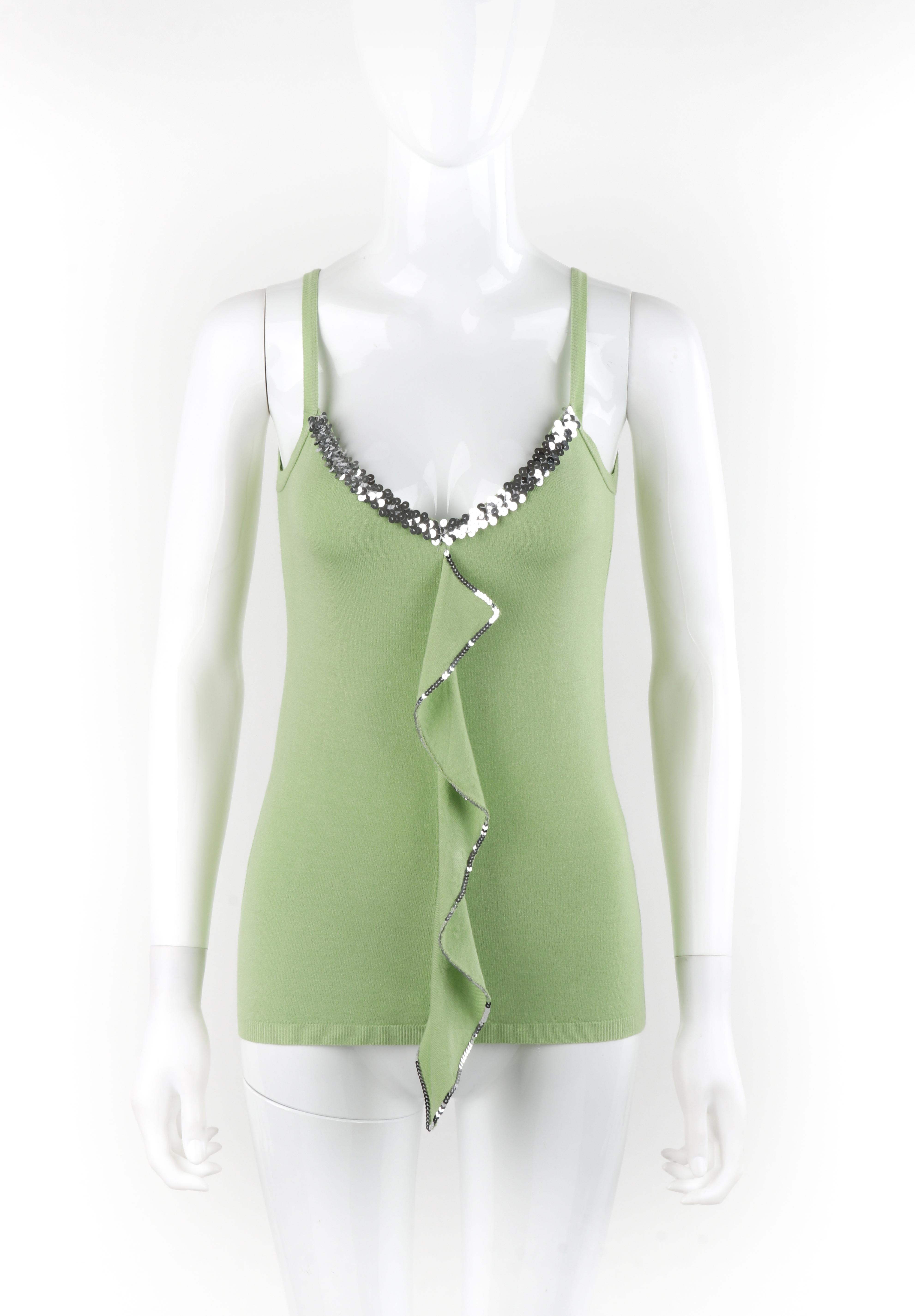 Brand / Manufacturer: Alexander McQueen
Circa: 1990s
Designer: Alexander McQueen
Style: Tank Top
Color(s): Shades of green, silver
Lined: No
Unmarked Fabric Content (feel of): Stretch knit (primary fabric), sequin (embellishment)
Additional Details