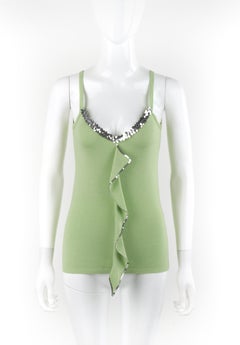 ALEXANDER McQUEEN c.1990s Green Stretch Knit Sequin Ruffle Tank Top