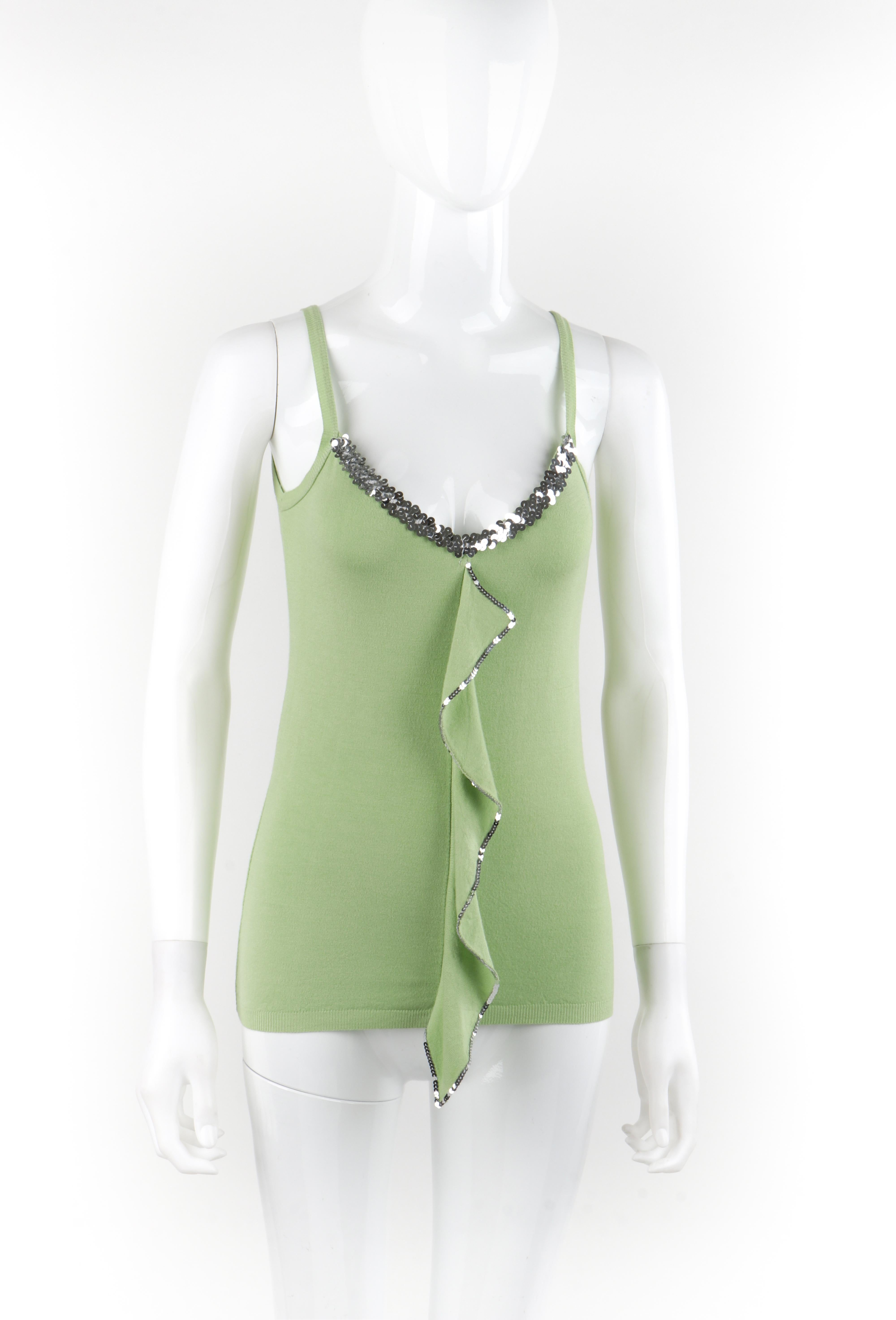 ALEXANDER McQUEEN c.1990s Green Stretch Knit Sequin Ruffle Tank Top In Good Condition For Sale In Thiensville, WI