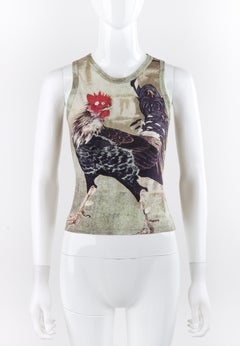 ALEXANDER McQUEEN c.1990’s Multicolor Large Rooster Cock Zip-Up Fitted Tank Top