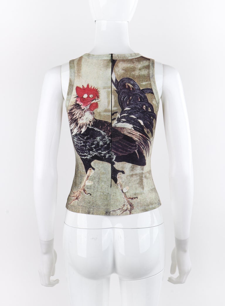 ALEXANDER McQUEEN c.1990’s Multicolor Large Rooster Cock Zip-Up Fitted Tank  Top