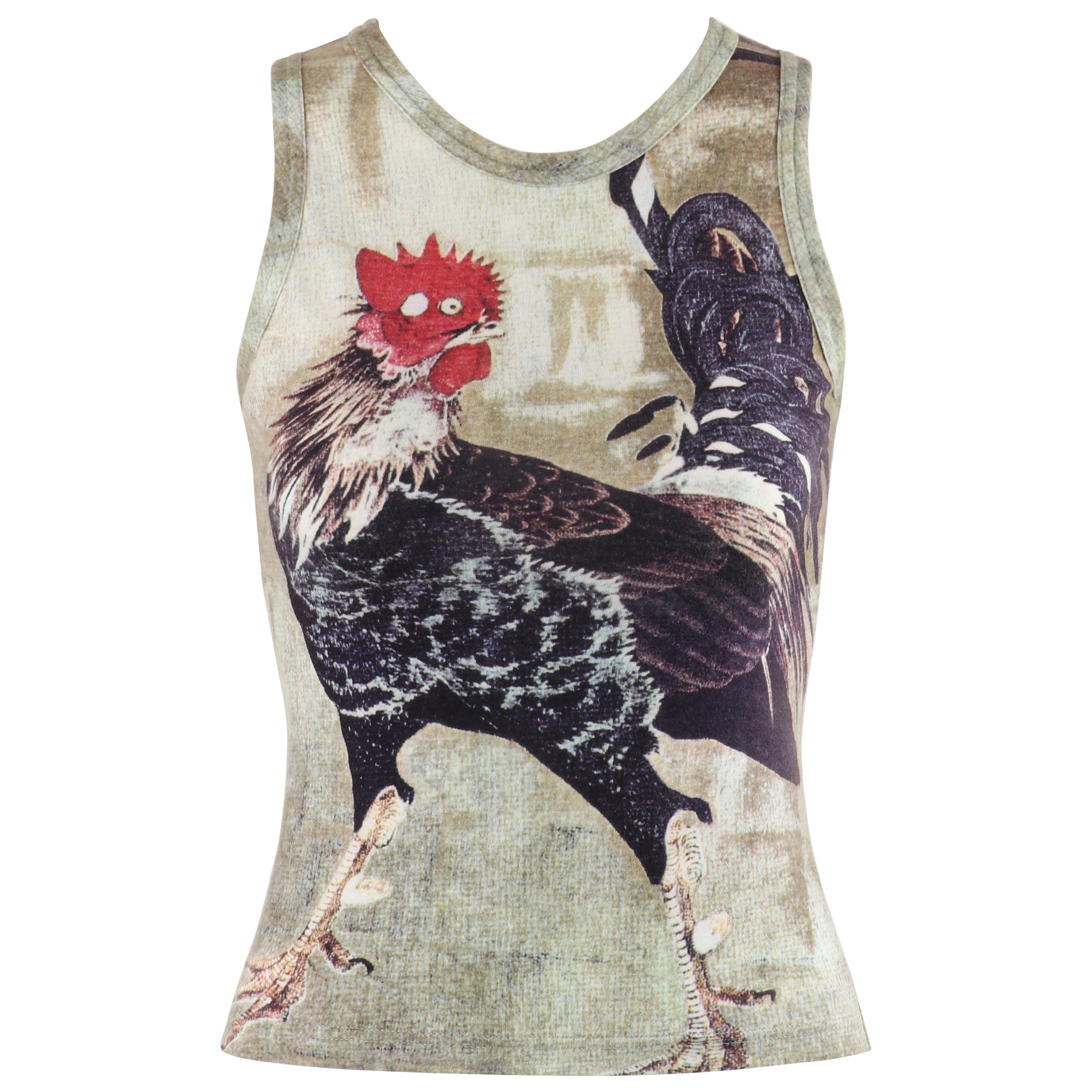 ALEXANDER McQUEEN c.1990’s Multicolor Large Rooster Cock Zip-Up Fitted Tank Top For Sale