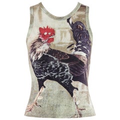 ALEXANDER McQUEEN c.1990’s Multicolor Large Rooster Cock Zip-Up Fitted Tank Top 