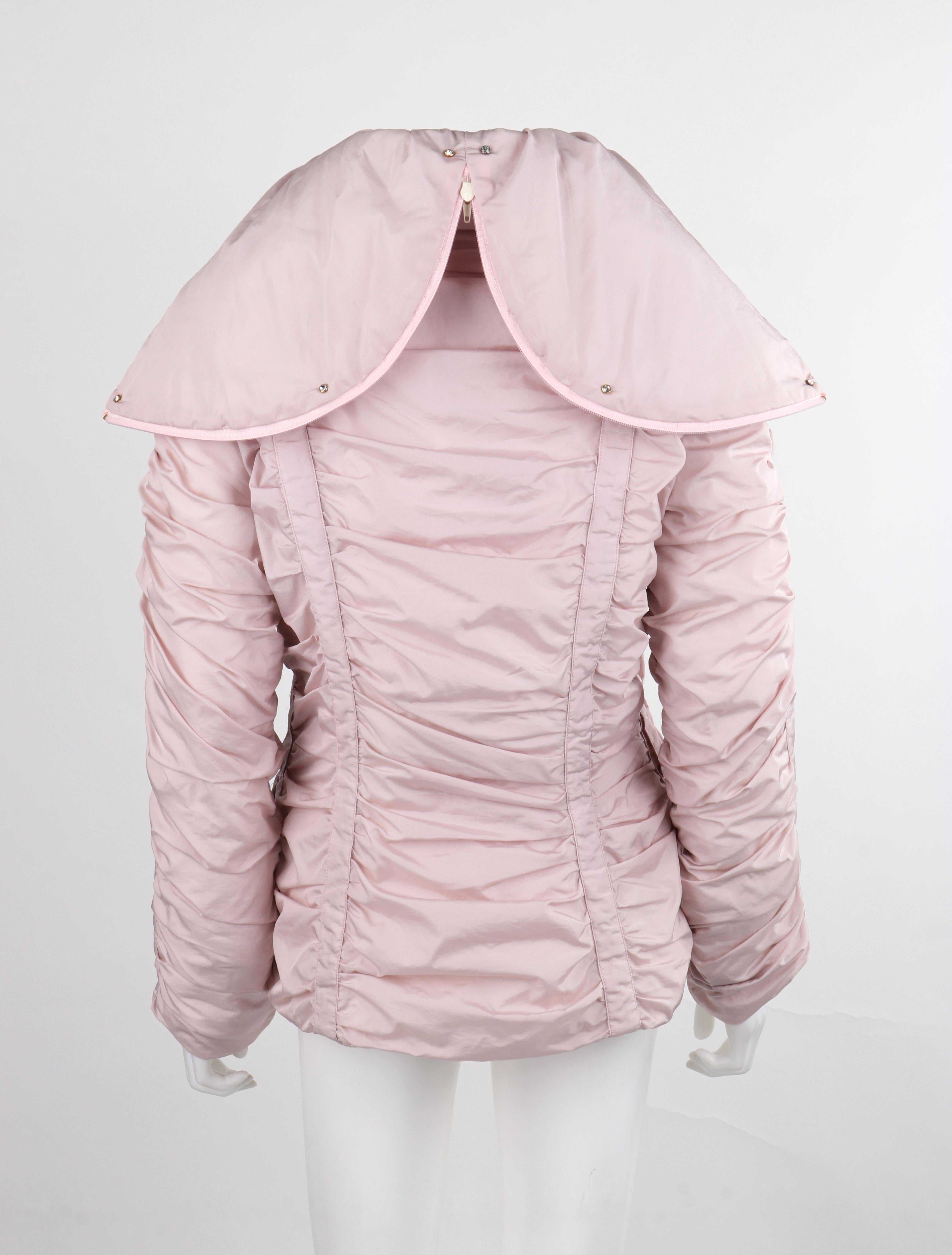 ALEXANDER McQUEEN c.1990's Vtg Pink Ruched Hooded Zip Up Puffer Jacket Coat For Sale 3