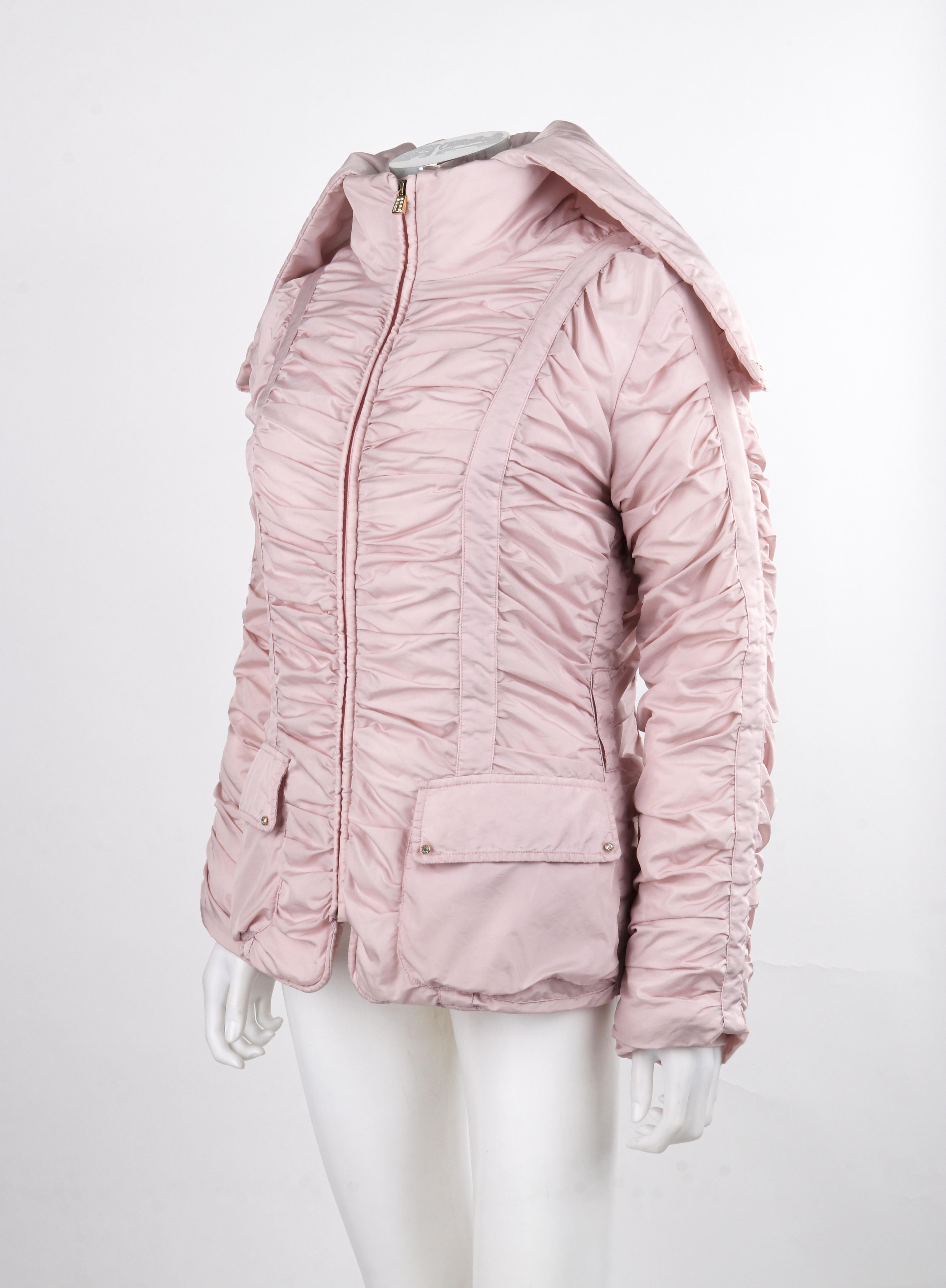 ALEXANDER McQUEEN c.1990's Vtg Pink Ruched Hooded Zip Up Puffer Jacket Coat For Sale 5