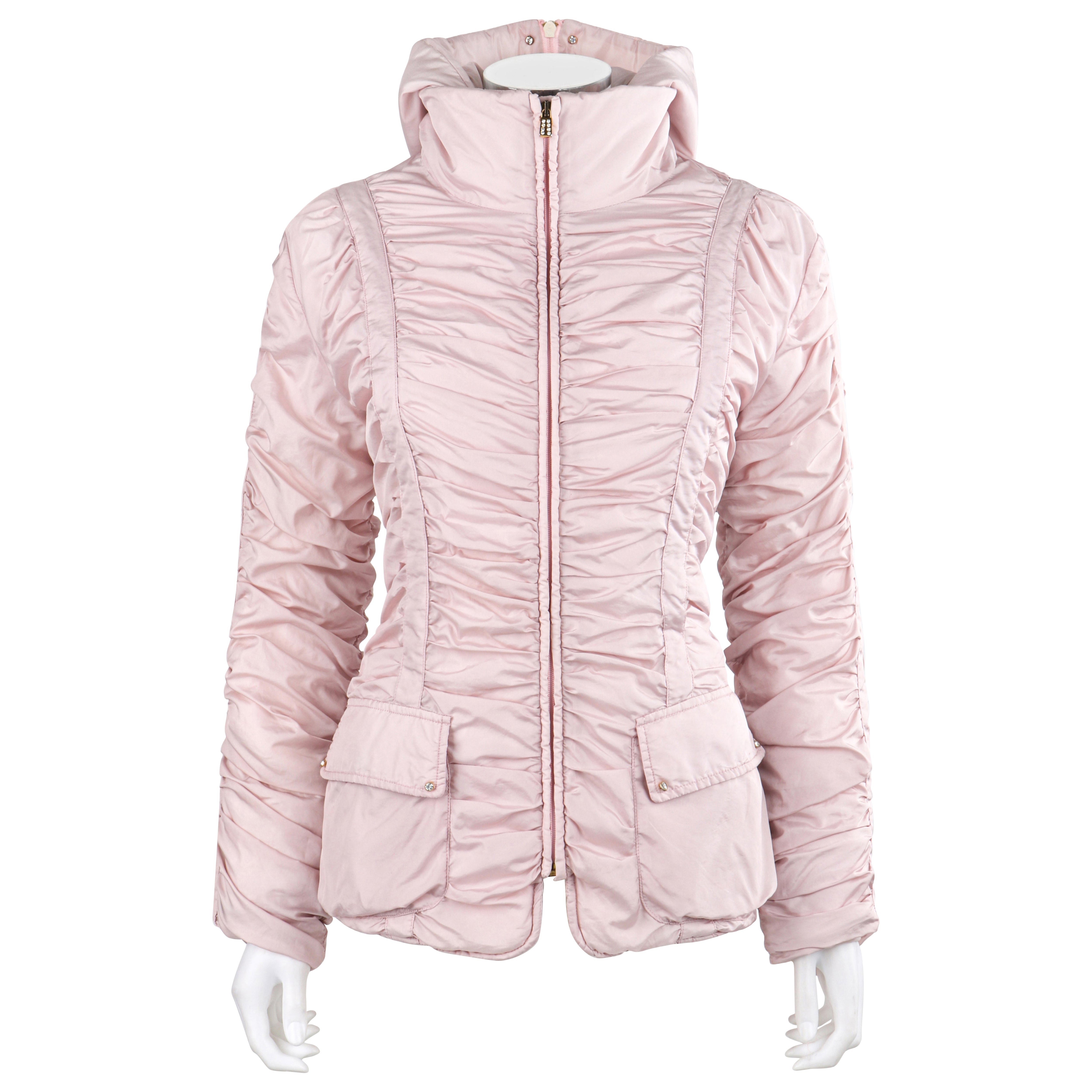 ALEXANDER McQUEEN c.1990's Vtg Pink Ruched Hooded Zip Up Puffer Jacket Coat
