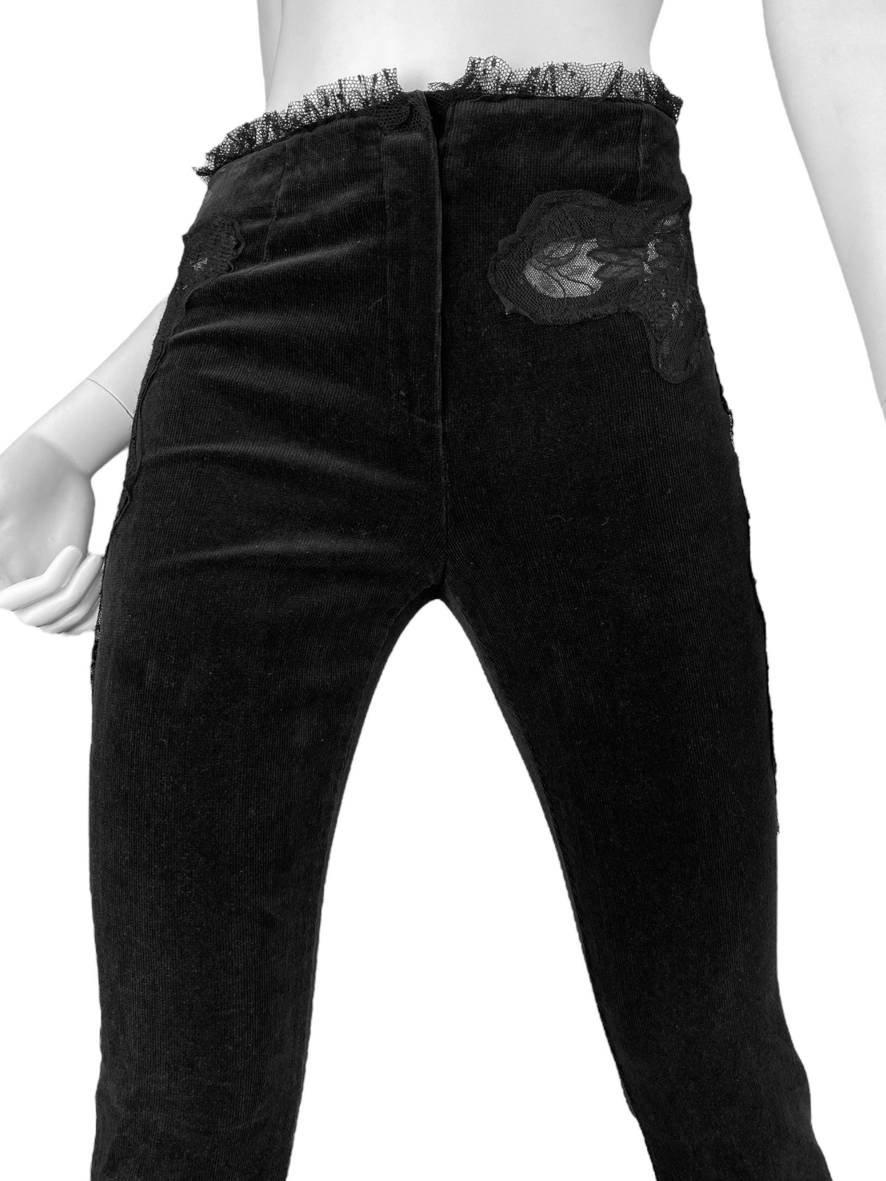 ALEXANDER MCQUEEN c.1995-1996 BLACK CORDUROY LACE INSERTS PANTS 8