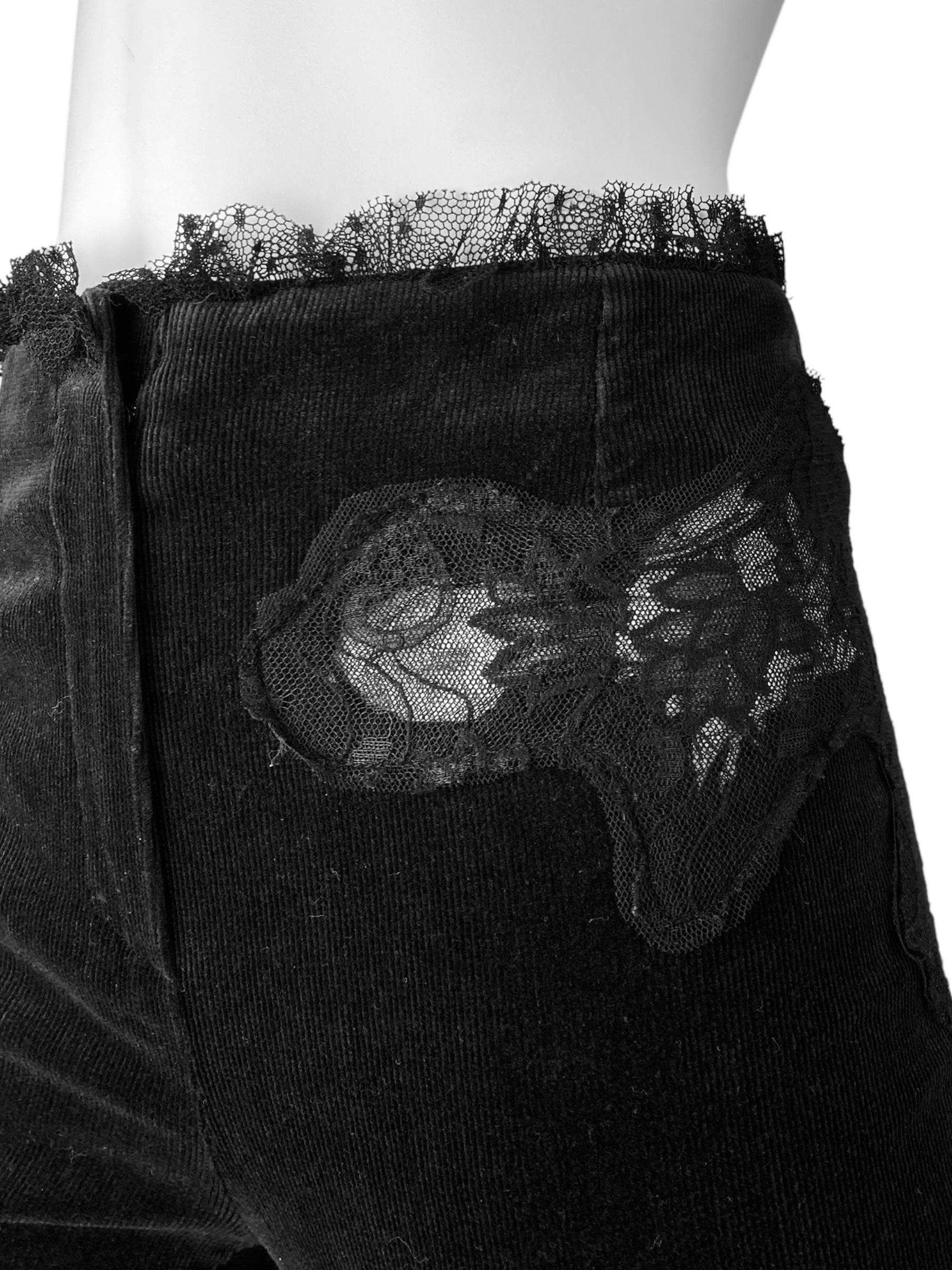 ALEXANDER MCQUEEN c.1995-1996 BLACK CORDUROY LACE INSERTS PANTS 10