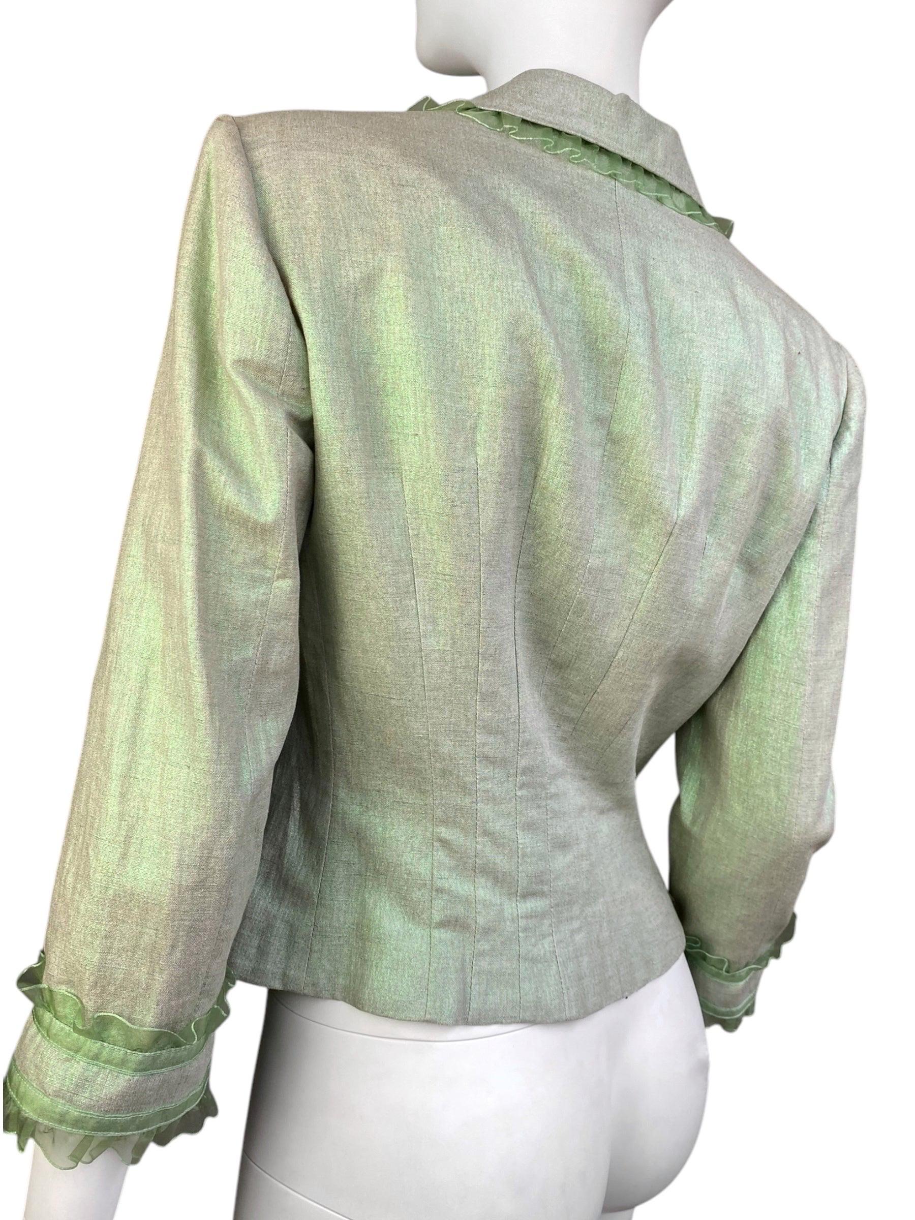 ALEXANDER MCQUEEN c.1995-1996 LIGHT GREEN SHEER RUFFLE TRIM BLAZER 5