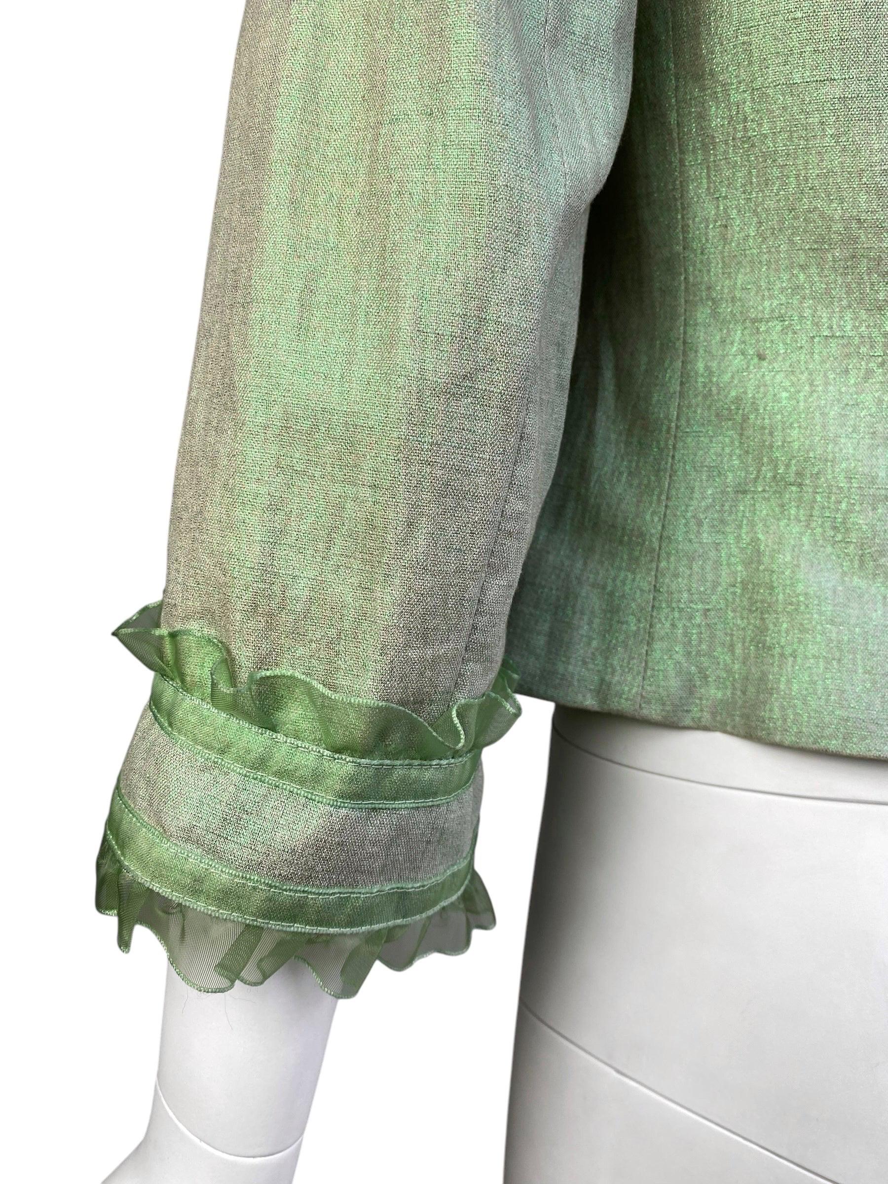 ALEXANDER MCQUEEN c.1995-1996 LIGHT GREEN SHEER RUFFLE TRIM BLAZER 7