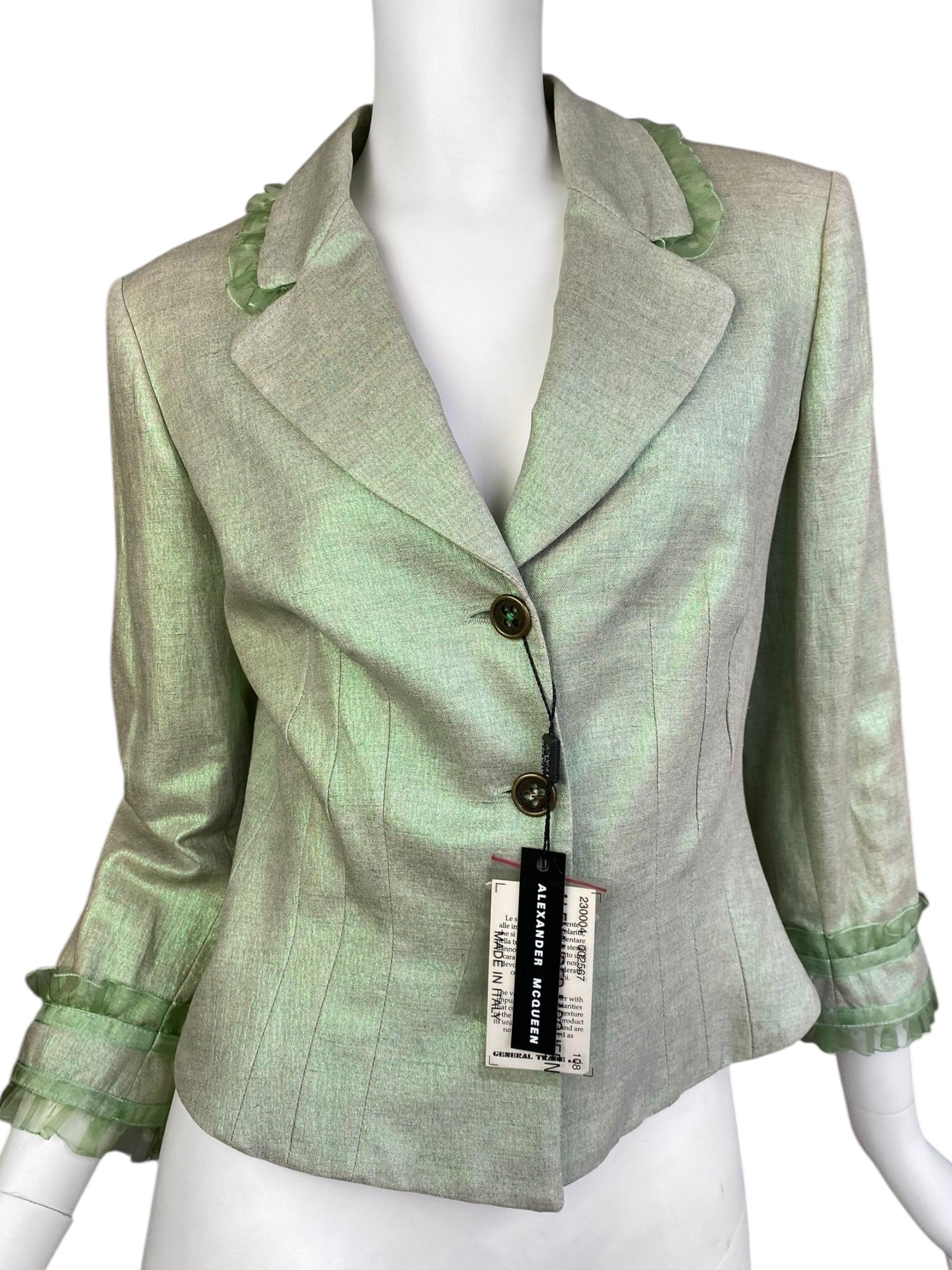Gray ALEXANDER MCQUEEN c.1995-1996 LIGHT GREEN SHEER RUFFLE TRIM BLAZER